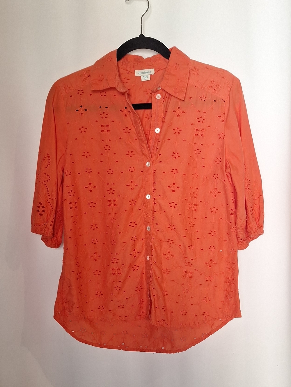 Sundance Coral-Orange Eyelet Button Down Shorteeve Shirt Size PXXS